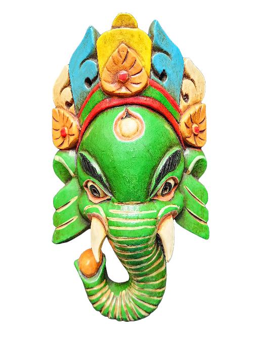 [ganesh Mask], Handmade Wooden Mask, Wall Hanging, [painted Green], Poplar Wood