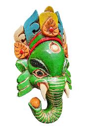 [ganesh Mask], Handmade Wooden Mask, Wall Hanging, [painted Green], Poplar Wood