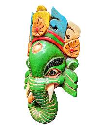 [ganesh Mask], Handmade Wooden Mask, Wall Hanging, [painted Green], Poplar Wood