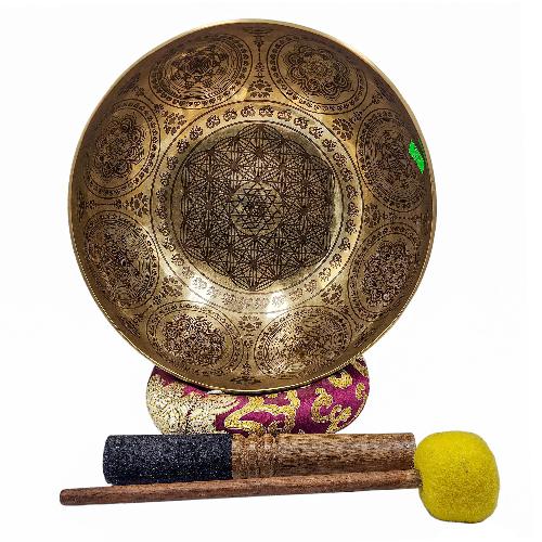 Singing Bowl, Buddhist Hand Beaten, With Fine Etching Carving Of Mandala, [sri Yantra]