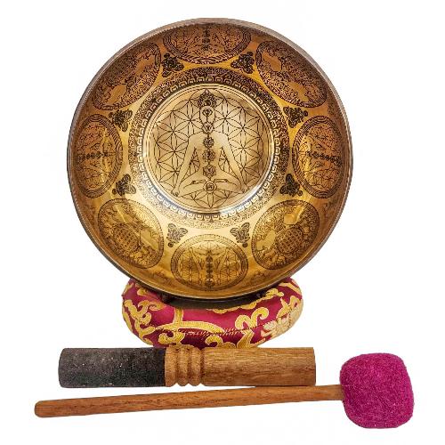 Singing Bowl, Buddhist Hand Beaten, With Fine Etching Carving, Samadhi, [select Accessories]