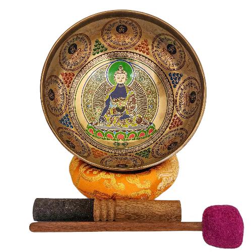 Singing Bowl, Buddhist Hand Beaten, With Fine Etching Carving Medicine Buddha, Thangka Color Painted, [select Accessories]