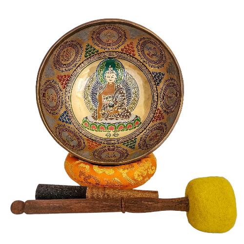 Singing Bowl, Buddhist Hand Beaten, With Fine Etching Carving, [shakyamuni Buddha], Thangka Color Painted, [select Accessories]