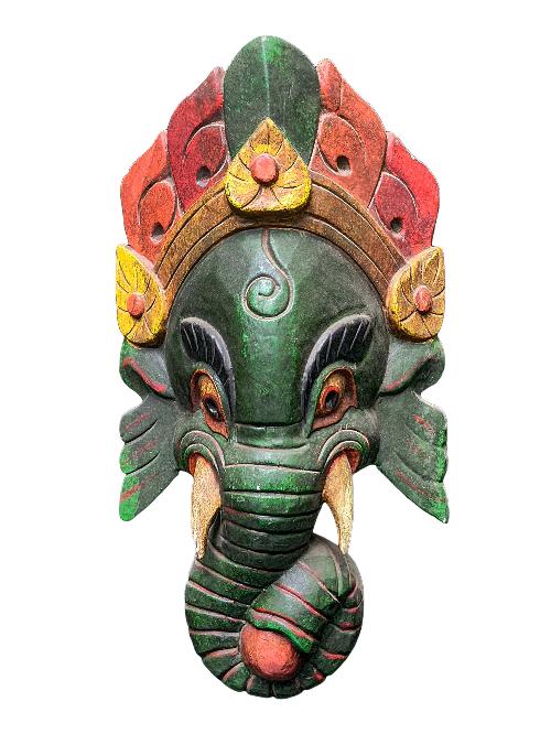 [ganesh Mask], Handmade Wooden Mask, Wall Hanging, [painted], Poplar Wood