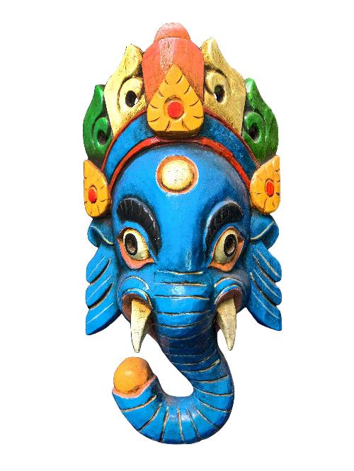 [ganesh Mask], Handmade Wooden Mask, Wall Hanging, [painted], Poplar Wood