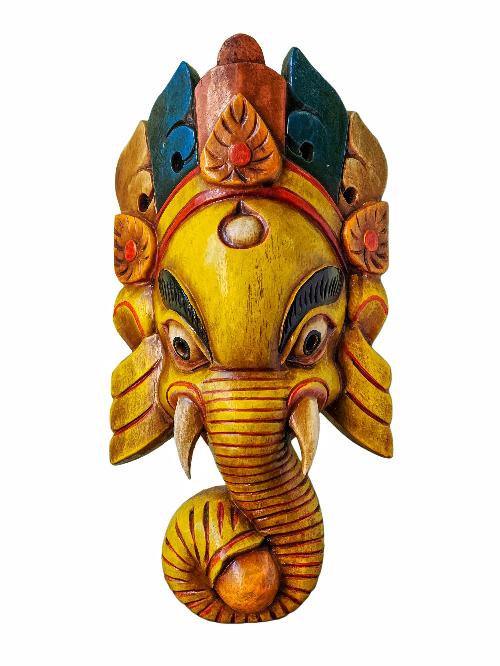 [ganesh Mask], Handmade Wooden Mask, Wall Hanging, [painted], Poplar Wood