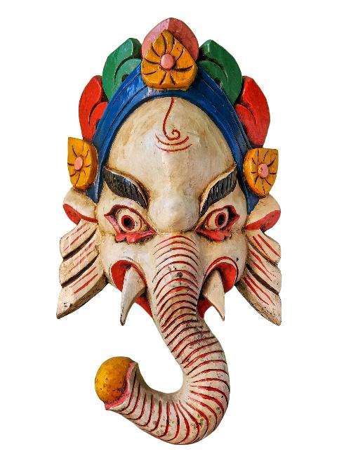 [ganesh Mask], Handmade Wooden Mask, Wall Hanging, [painted], Poplar Wood