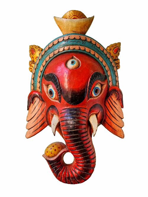 [ganesh Mask], Handmade Wooden Mask, Wall Hanging, [painted], Poplar Wood