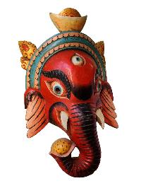 [ganesh Mask], Handmade Wooden Mask, Wall Hanging, [painted], Poplar Wood