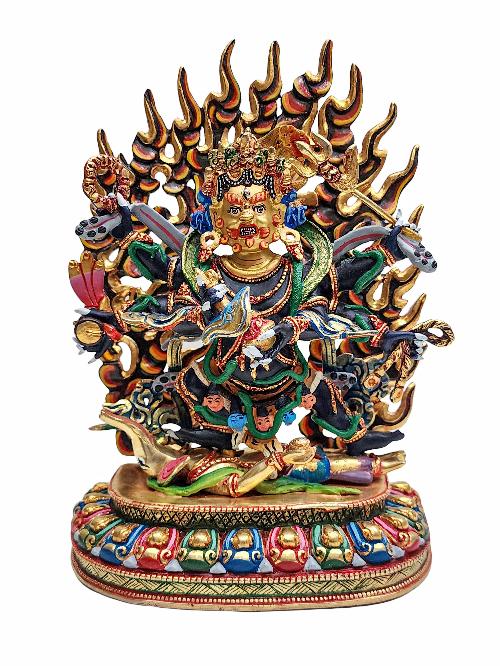 [mahakala Black], Buddhist Handmade Statue, [face Painted], [natural Color Finishing] And [partly Gold Plated