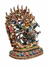 [mahakala Black], Buddhist Handmade Statue, [face Painted], [natural Color Finishing] And [partly Gold Plated