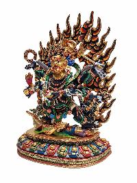[mahakala Black], Buddhist Handmade Statue, [face Painted], [natural Color Finishing] And [partly Gold Plated
