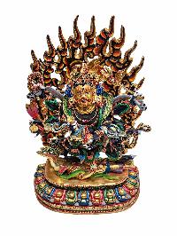 [mahakala Black], Buddhist Handmade Statue, [face Painted], [natural Color Finishing] And [partly Gold Plated