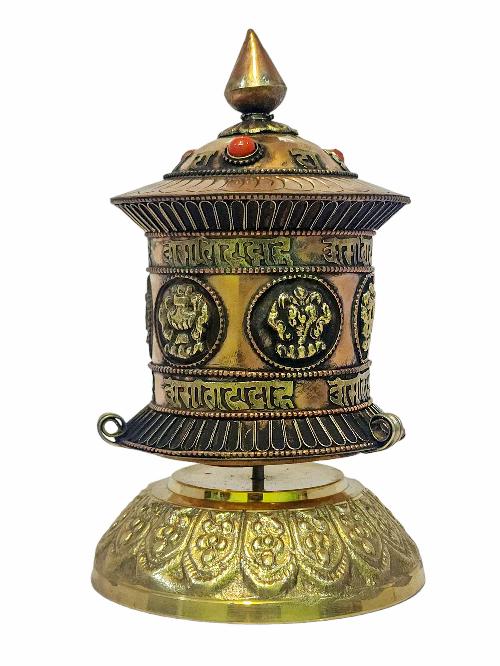 Table Top Prayer Wheel, Buddhist Handmade Prayer Wheel With Carved Mantra, Ashtamangala