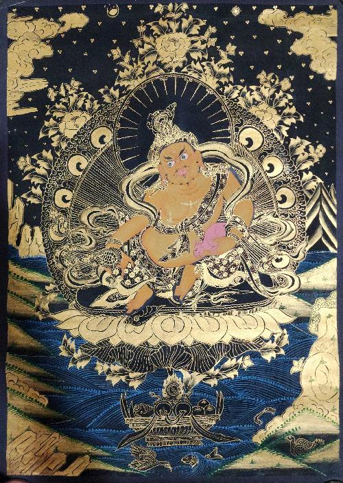 Yellow Jambhala Thangka, Buddhist Traditional Painting, Hand Painted