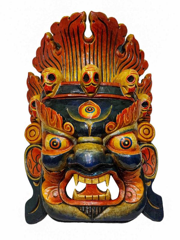 [fire Bhairava], Handmade Wooden Mask, Wall Hanging, [painted], Poplar Wood