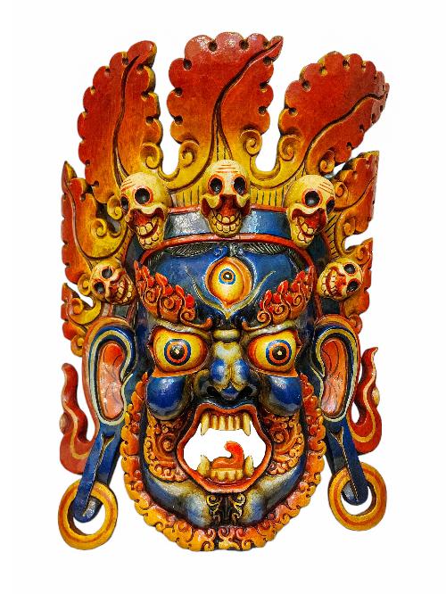 [fire Bhairav], Handmade Wooden Mask, Wall Hanging, [painted], Poplar Wood, Mahakala Two Arms