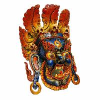 [fire Bhairav], Handmade Wooden Mask, Wall Hanging, [painted], Poplar Wood, Mahakala Two Arms