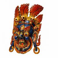 [fire Bhairav], Handmade Wooden Mask, Wall Hanging, [painted], Poplar Wood, Mahakala Two Arms