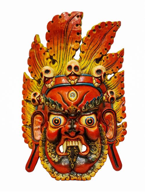 [fire Bhairav], Handmade Wooden Mask, Wall Hanging, [painted], Poplar Wood, Mahakala Two Arms
