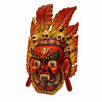 [fire Bhairav], Handmade Wooden Mask, Wall Hanging, [painted], Poplar Wood, Mahakala Two Arms