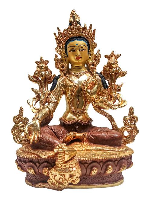 [green Tara], Buddhist Statue, [partly Gold Plated] With [face Painted]