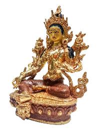 [green Tara], Buddhist Statue, [partly Gold Plated] With [face Painted]
