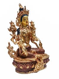 [green Tara], Buddhist Statue, [partly Gold Plated] With [face Painted]