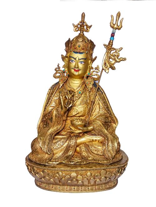 [padmasambhava], Buddhist Handmade Statue, [face Painted] And [gold Plated]