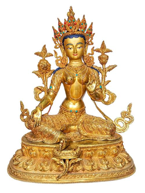 Hq, [green Tara], Buddhist Handmade Statue, [face Painted] And [gold Plated], Detailed Carving
