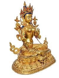 Hq, [green Tara], Buddhist Handmade Statue, [face Painted] And [gold Plated], Detailed Carving