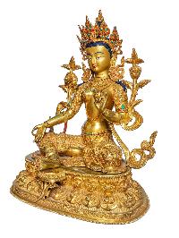 Hq, [green Tara], Buddhist Handmade Statue, [face Painted] And [gold Plated], Detailed Carving