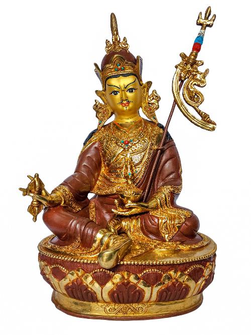 [padmasambhava], Buddhist Handmade Statue, [face Painted], [partly Gold Plated And Chocolate Oxidized]