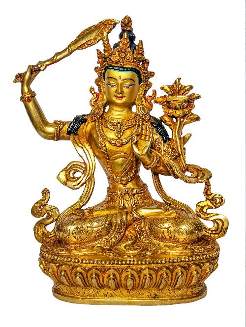 [manjushree], Buddhist Handmade Statue, [face Painted] And [gold Plated]