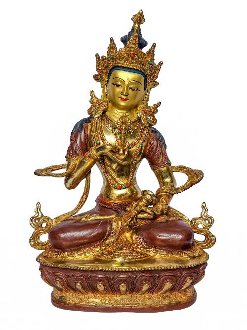 [vajrasattva], Buddhist Handmade Statue, [face Painted], [partly Gold Plated And Chocolate Oxidized]