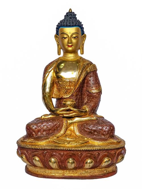 [amitabha Buddha], Buddhist Handmade Statue, [face Painted], [partly Gold Plated And Chocolate Oxidized]