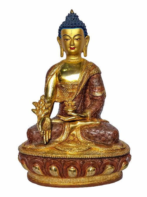 [medicine Buddha], Buddhist Handmade Statue, [face Painted], [partly Gold Plated And Chocolate Oxidized]