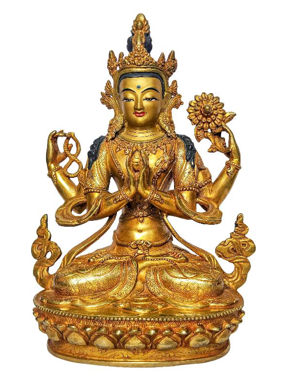 [chenrezig], Buddhist Handmade Statue, [face Painted] And [gold Plated]
