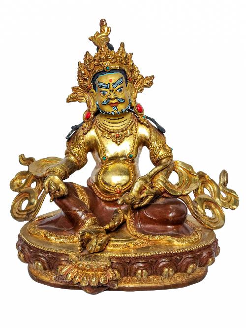 [yellow Jambhala], Buddhist Handmade Statue, [face Painted], [partly Gold Plated And Chocolate Oxidized]