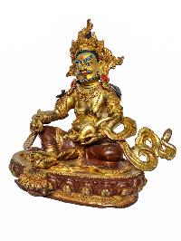 [yellow Jambhala], Buddhist Handmade Statue, [face Painted], [partly Gold Plated And Chocolate Oxidized]