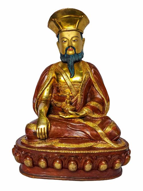 [4th Zhabdrung Rinpoche], Buddhist Handmade Statue, [face Painted], [partly Gold Plated And Chocolate Oxidized]