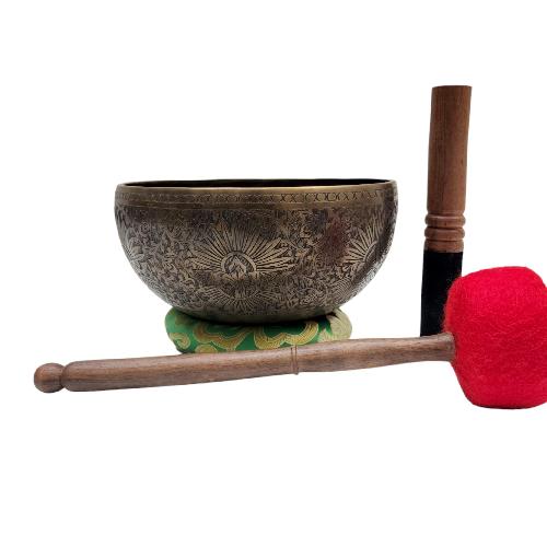 [jambati Singing Bowl], Buddhist Hand Beaten [carved], With Flower Design, [heart Chakra], [select Accessories]