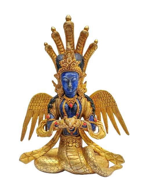 [naga Kanya], Buddhist Handmade Statue, [partly Gold Plated], Lapis Lazuli