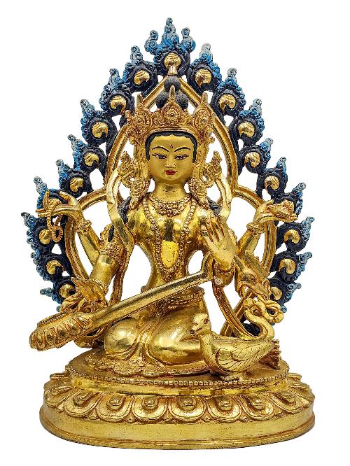 [saraswati], Buddhist Handmade Statue, [face Painted] And [gold Plated]