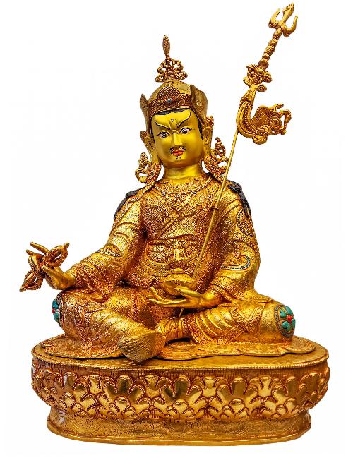 [padmasambhava], Buddhist Handmade Statue, [face Painted], [stone Setting] And [gold Plated]