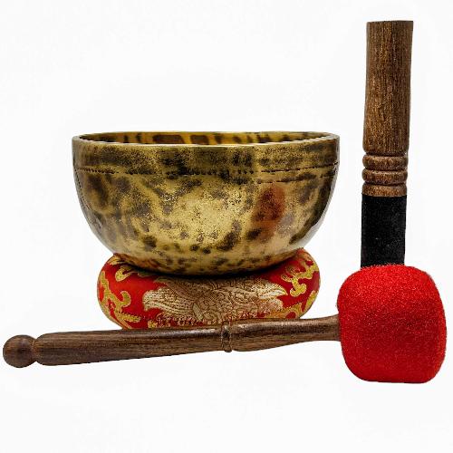Jambati Singing Bowl, [tiger Antique], [jhumkat], Buddhist Hand Beaten, Antique Finishing, [select Accessories]