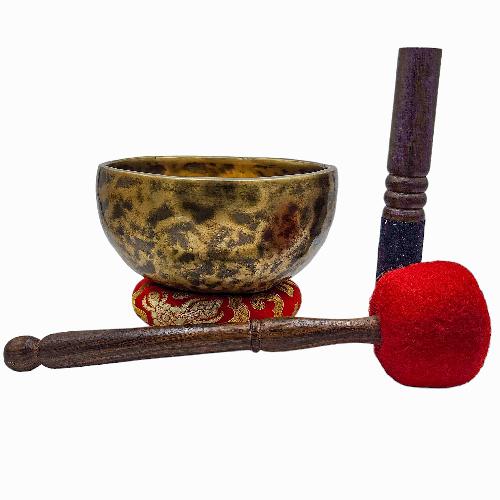 Jambati Singing Bowl, [tiger Antique], Buddhist Hand Beaten, Antique Finishing, Sound Note A, 440 Hz, [select Accessories]