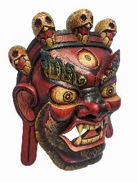 [bhairav], Handmade Wooden Mask, Wall Hanging, [painted Red], Poplar Wood, Mahakala Two Arms