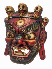[bhairav], Handmade Wooden Mask, Wall Hanging, [painted Red], Poplar Wood, Mahakala Two Arms
