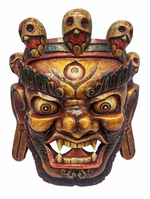 [bhairav], Handmade Wooden Mask, Wall Hanging, [painted Gold], Poplar Wood, Mahakala Two Arms
